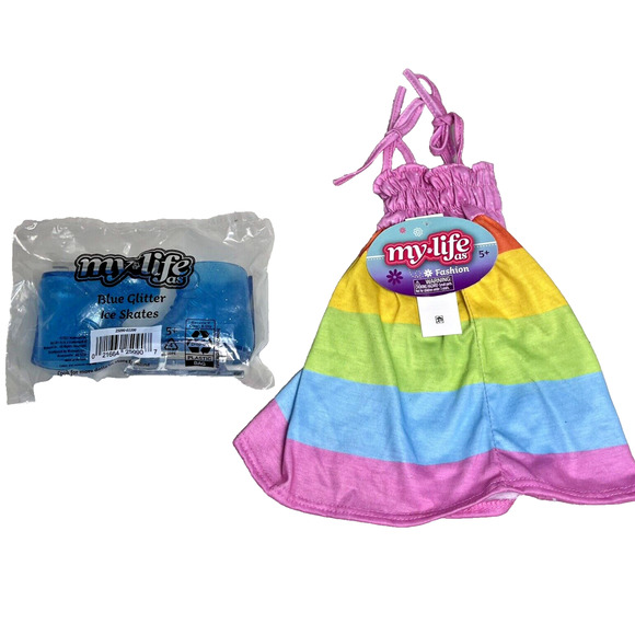 My Life As 18" Doll Blue Glitter Ice Skates & Colorful Summer Dress Lot of 2 NEW - Picture 1 of 6
